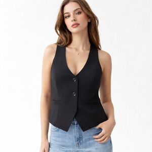 🖤 Tailored Black Button Front Vest – Adjustable Back | Size S–M
